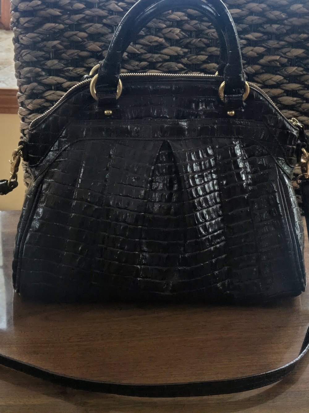 Sold!! Brahmin Black/Brown Croc-Embossed Satchel with Gold Hardware - Picture 3 of 9